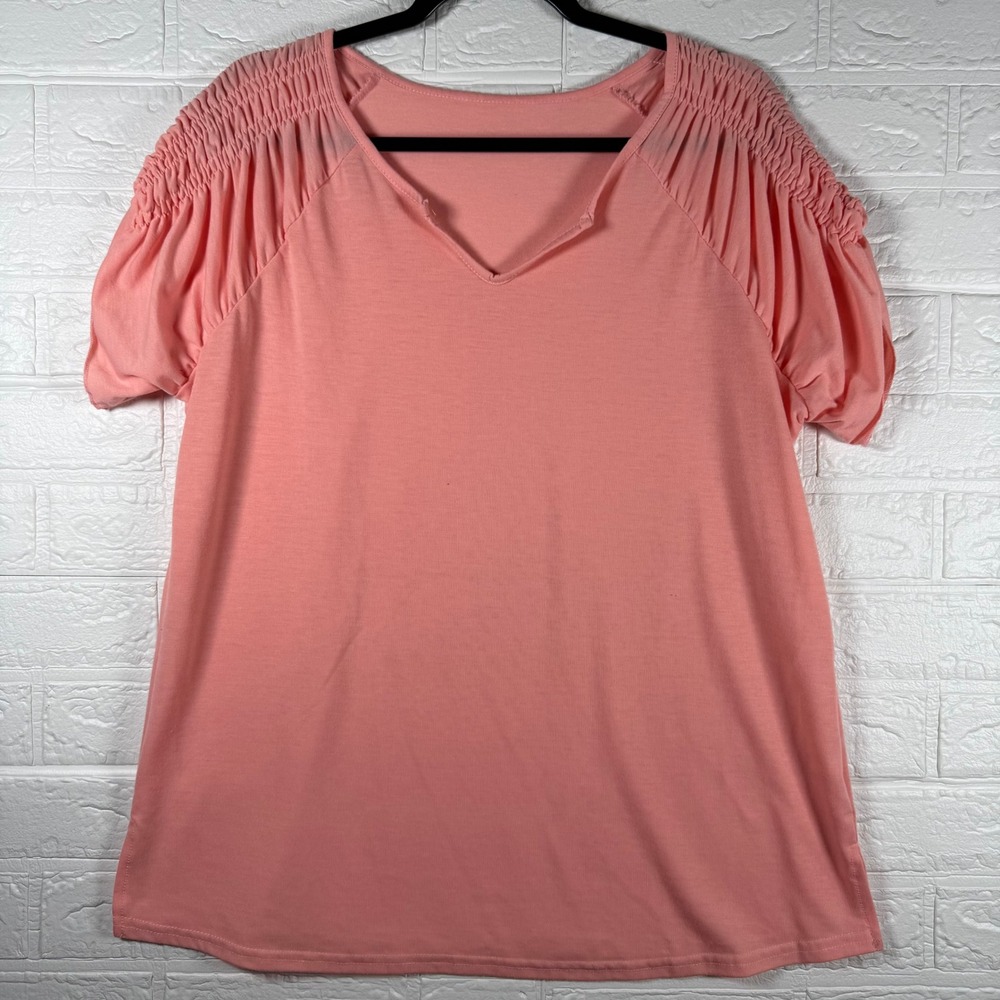 Ruched Shoulder Top Women XL Peach V-Neck Short Sleeve Tee